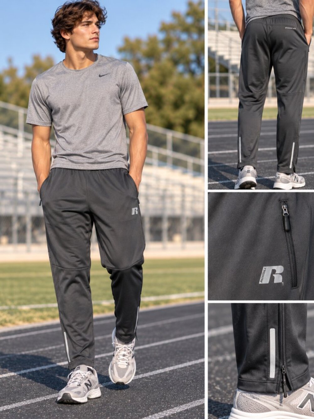 Russell Men Dri-Power Athletic Training Track Pants Charcoal Black S 28-30